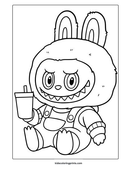 Labubu In Bunny Costume Drinking From A Cup With Straw In This Cozy Coloring Page.
