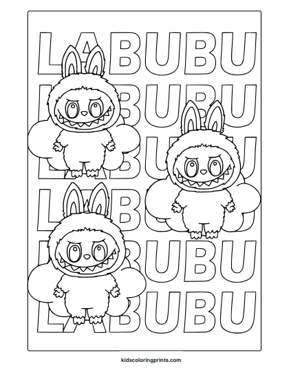 Four Identical Labubu Figures Arranged In A Grid With Repeating Bold Text In A Coloring Page.