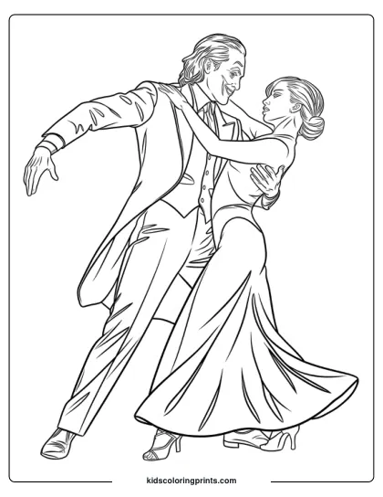 A Man And A Woman In A Passionate Dance Embrace Are Captured In This Lady Gaga And Joaquin Phoenix Coloring Page. The Man, With Long Hair And Expressive Features, Wears A Suit, While The Woman, With Her Hair Tied Up, Dons A Flowing Dress. Their Synchronized Pose And The Swirling Motion Of The Woman's Dress Bring Energy To This Black-And-White Illustration.