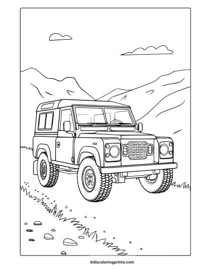 A Land Rover Suv On A Dirt Path With Rolling Hills, An Adventurous Land Rover Coloring Page.