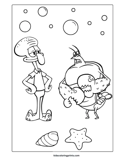 Larry The Lobster And Squidward In An Underwater Coloring Page With Bubbles, Seashell, And Starfish Details.