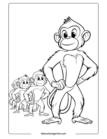 Coloring Page Showing A Leader Monkey Standing Tall With A Group Following, In A Guiding And Protective Pose.