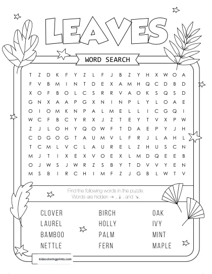 Free Printable Leaves Word Search Puzzle With 12 Words From Maple To Ivy.