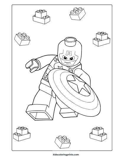 Lego Captain America Coloring Page With Shield And Surrounding Lego Bricks In Simple Black Outlines.
