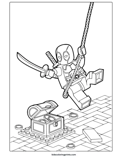 Lego Deadpool Coloring Page Featuring The Character Swinging With A Sword And Shield, Fun For Young Fans To Color.