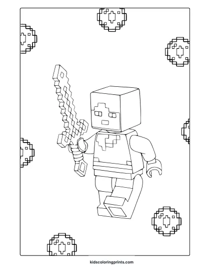 Lego Minecraft Coloring Page With Blocky Figure Holding A Detailed Diamond Sword In A Clean Coloring Style.