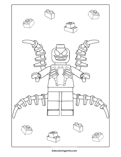 Lego Venom Coloring Page With Blocky Minifigure Style And Floating Bricks, Perfect For Creative Kids And Fans.