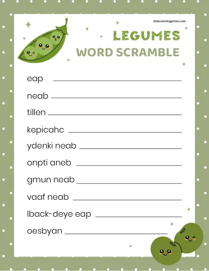 Free Printable Legumes Word Scramble For Practicing Plant Based Food Vocabulary.