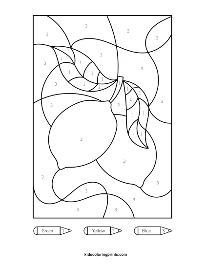 Lemon Color By Number Coloring Page With A Whole Lemon And One Lemon Slice Arranged Side By Side.