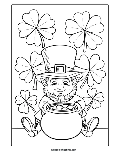 A St. Patrick’s Day Coloring Page With A Smiling Leprechaun, Shamrocks, And A Pot Of Gold, Ready To Color.