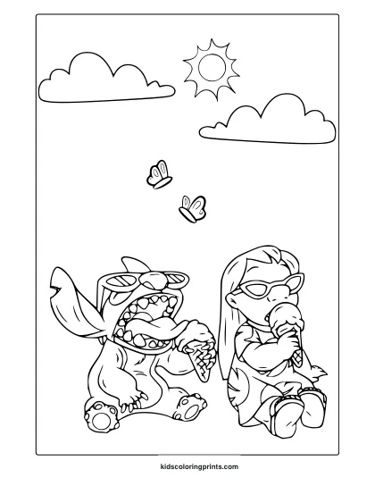 Lilo And Stitch Coloring Page With Ice Cream, Clouds, Sun, And Butterflies In A Fun And Simple Cartoon Style.