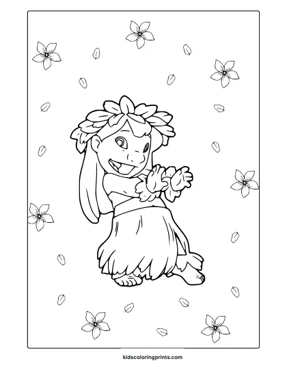 Lilo Hula Dancing Coloring Page With Scattered Flowers And Petals, Featuring A Joyful Pose And Simple Cartoon Lines.