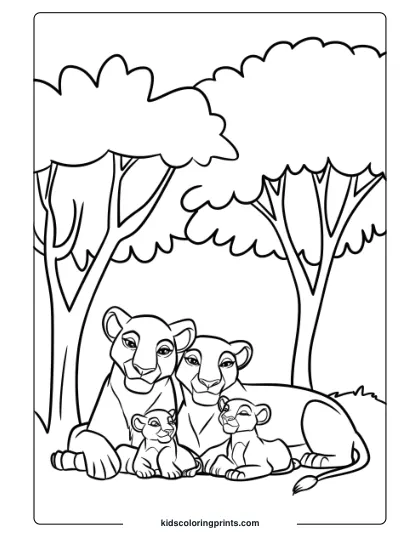 A Family Of Lions Resting Under Trees, Offering A Serene And Heartwarming Lion Coloring Page For Kids.