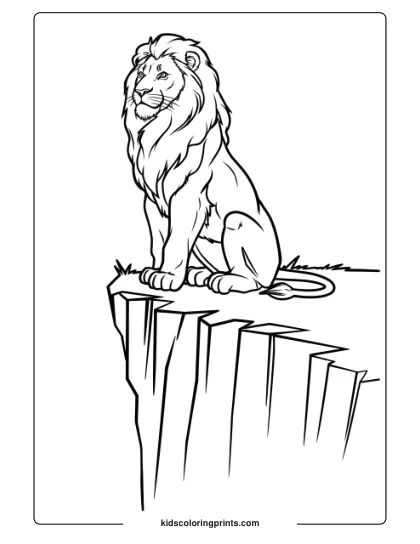 A Lion Sitting On A Cliff Edge, Perfect For A Regal And Powerful Lion Coloring Page For Children To Enjoy.