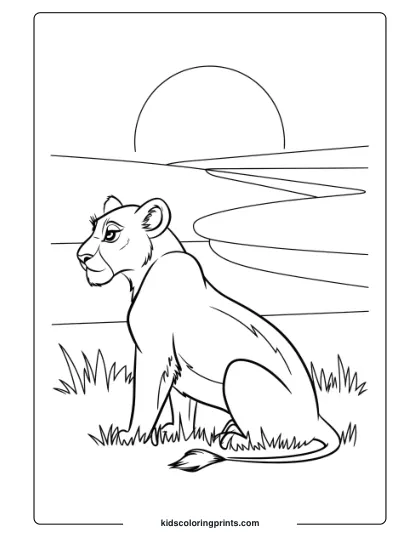A Lioness Watching The Sunset, Offering A Tranquil And Calming Lion Coloring Page For Children.