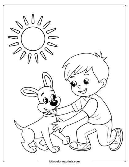 Boy Playing With His Dog Under The Sun In A Dog Coloring Page.