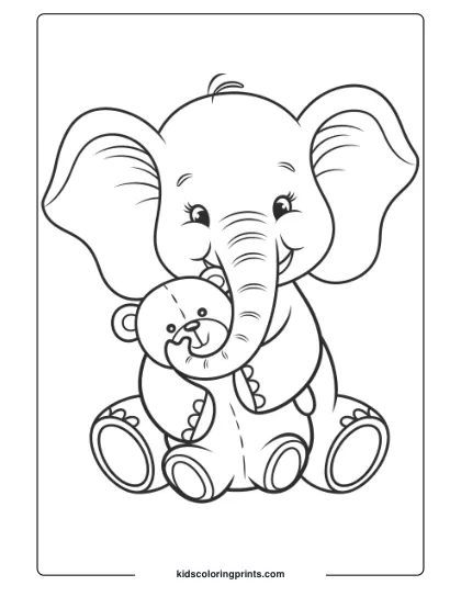 Coloring Page Of A Cute Elephant Holding A Teddy Bear.