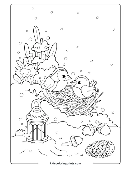 A Peaceful Winter Scene With Birds, Snowflakes, And A Lantern, Perfect For February Coloring.