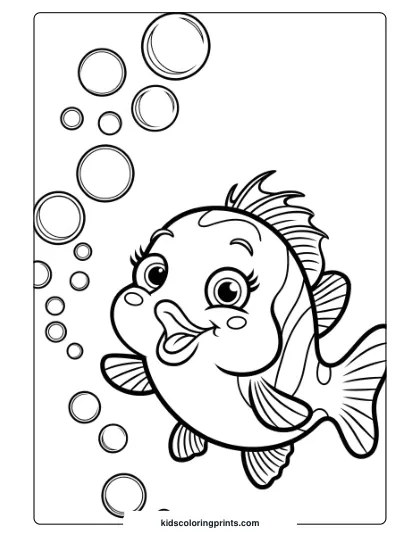 A Small Fish With Big Eyes Swims Amidst Rising Bubbles, Offering A Lighthearted Underwater Scene In This Fish Coloring Page.