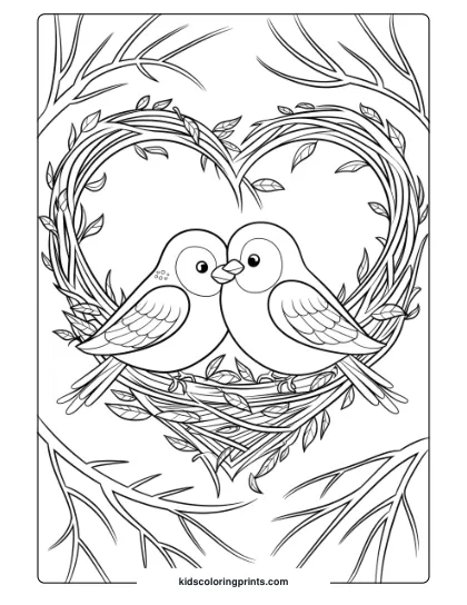 Love Birds In A Heart-Shaped Nest, Ideal For A Romantic And Cute Bird Coloring Page For Kids.
