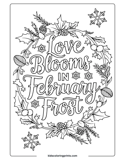 A Winter-Themed Coloring Page With The Phrase 'Love Blooms In February Frost' And Intricate Details.