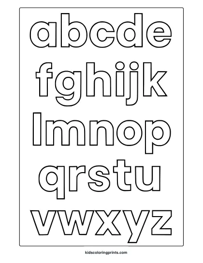 Coloring Page With Rounded Lowercase Alphabet Letters From A To Z In Six Neat Rows.
