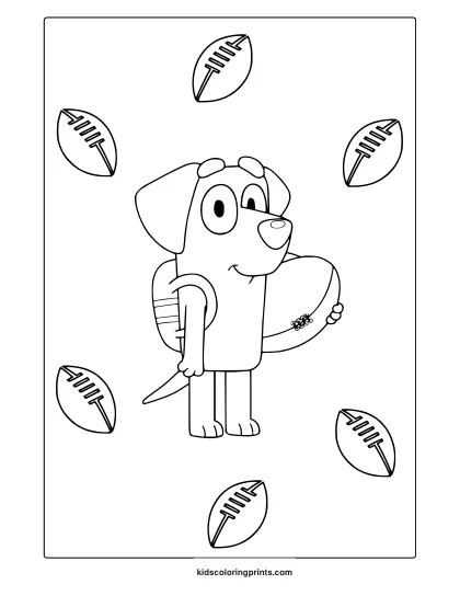 Lucky From Bluey Coloring Page With Backpack And Footballs Scattered In The Background.