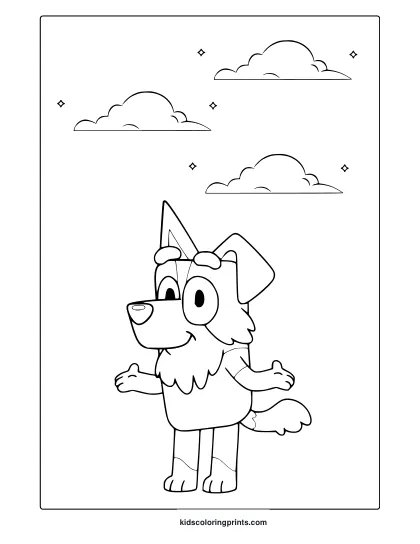 Mackenzie From Bluey Coloring Page Showing A Smiling Dog With Clouds And Sparkly Shapes.