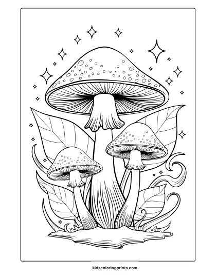 Group Of Three Mushrooms With Leaves And Stars Surrounding Them In This Magical Mushroom Coloring Page.