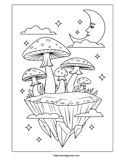 Fantasy Mushrooms On A Floating Platform In Space With Clouds And Stars In This Magical Coloring Page.
