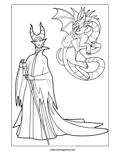 Maleficent Coloring Page Standing With Dragon.