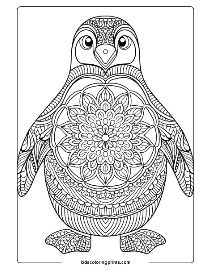 An Intricate Mandala-Style Penguin With Detailed Patterns, A Relaxing And Artistic Coloring Page.