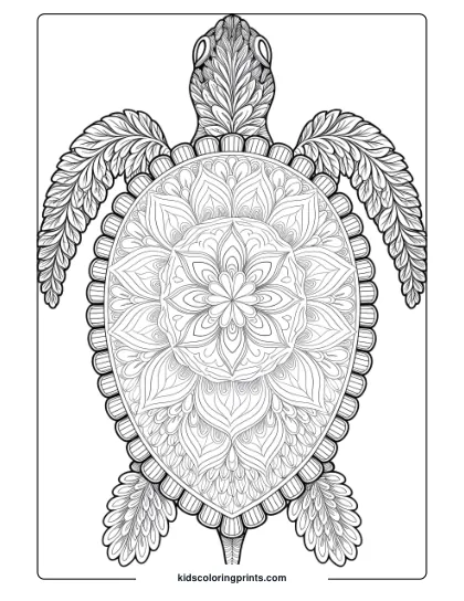 Mandala Turtle Coloring Page, Featuring Floral And Geometric Patterns Across The Shell And Flippers.