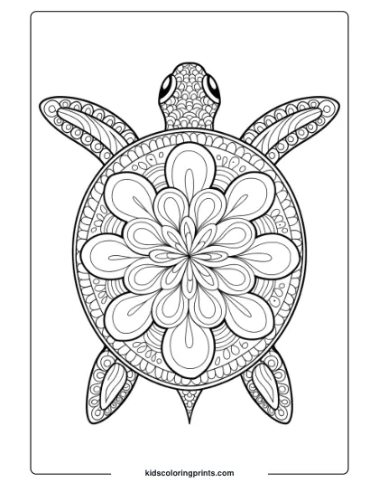 Circular Mandala Turtle Coloring Page, Featuring Symmetrical Patterns Perfect For Relaxation.