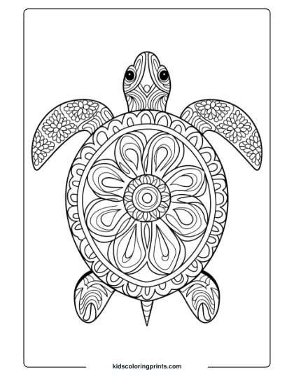 Intricate Mandala Turtle Coloring Page Featuring Symmetrical Patterns On The Shell And Flippers.