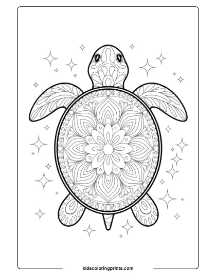 Mandala Turtle With Stars Coloring Page, Featuring Intricate Designs And A Cosmic-Inspired Background.