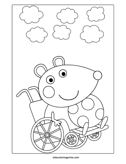 Mandy Mouse Coloring Page With Detailed Wheelchair And Clouds Above.