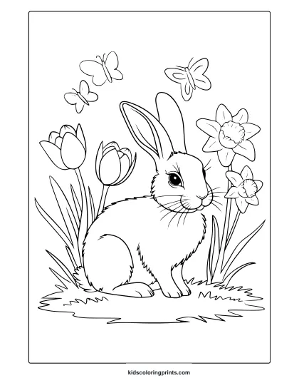 A Charming Bunny In A Flower-Filled Meadow With Butterflies, Featured In A Black-And-White Animal Coloring Page For Spring.