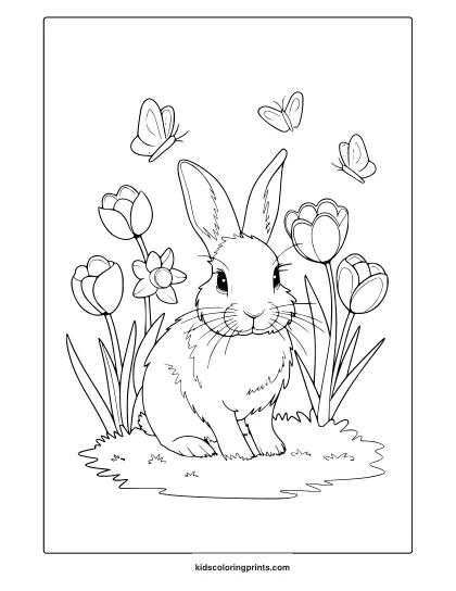 A Cute Bunny In A Grassy Field With Tulips And Daffodils, Illustrated In A Nature-Themed March Coloring Page.