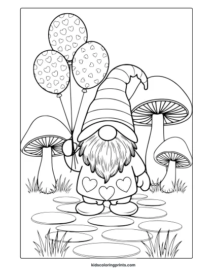 A Gnome-Themed March Coloring Page With A Gnome Holding Balloons, Mushrooms, And A Grassy Landscape For Creative Fun.