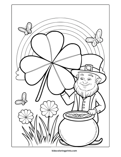 A Fun St. Patrick’s Day Coloring Page With A Leprechaun, A Pot Of Gold, A Rainbow, And A Lucky Shamrock.