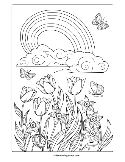 A Vibrant March Coloring Page Featuring A Large Rainbow, Fluffy Clouds, And A Garden Of Tulips And Daffodils.