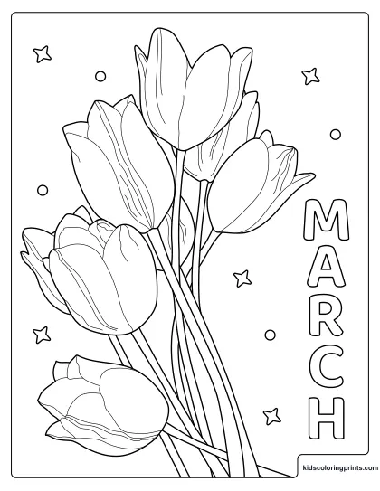 Spring Coloring Page With Tall Blooming Tulips Around The Word March.