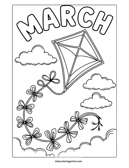 A Fun Kite Flying High In A Cloudy March Sky, Featured In A Black-And-White Coloring Page For A Creative Experience.