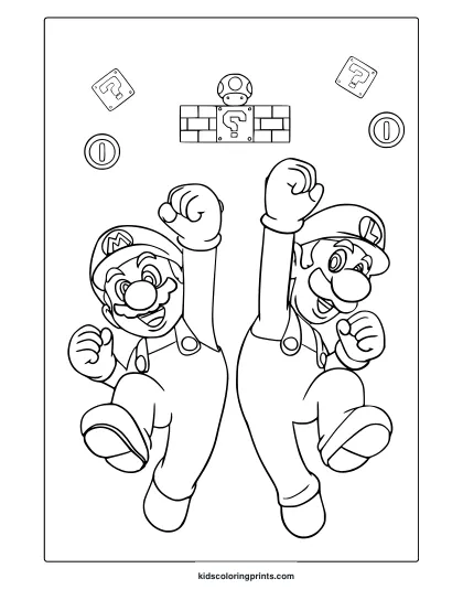 Coloring Page Featuring Mario And Luigi Under Blocks And Coins, Drawn In A Classic Super Mario Style.