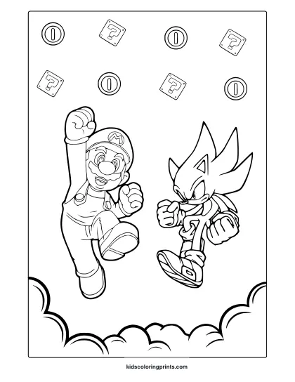 Coloring Page Featuring Mario And Sonic In Fighting Pose With Coins And Question Blocks.