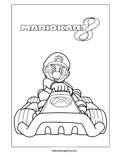 Coloring Page With Mario Riding His Kart From Mario Kart, Full Of Bold Racing Detail.
