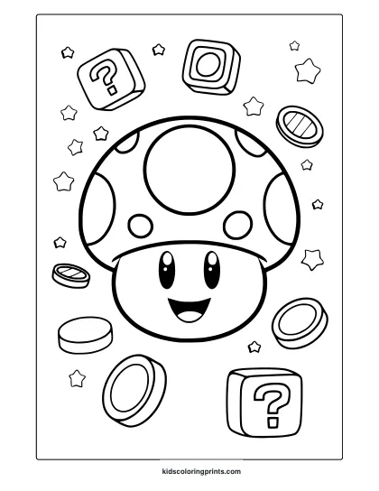 Playful Mushroom Character With Stars, Coins, And Symbols Inspired By Mario In This Coloring Page.
