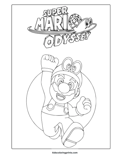 Coloring Page Of Mario From Super Mario Odyssey With Dynamic Pose And Bold Outlines.