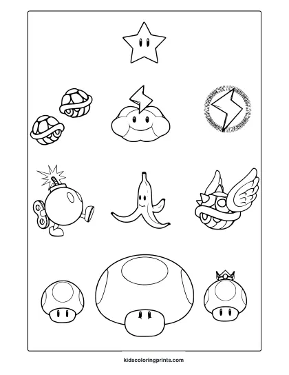 Coloring Page Featuring A Grid Of Mario Power-Ups Like Mushrooms, Stars, And Bombs.